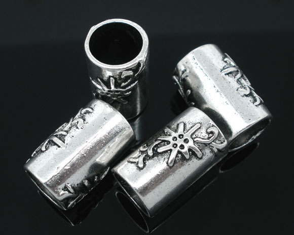 Picture of Zinc Based Alloy European Style Large Hole Charm Beads Antique Silver Color Cylinder Flower 20mm x 13mm, Hole: Approx 9.6mm, 10 PCs