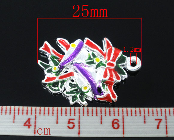 Picture of 10 PCs Silver Plated Enamel Christmas Jingle Bell Charms Pendants 25x18mm