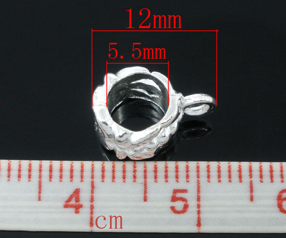Picture of 50 PCs Silver Plated Flower Pattern Bails Beads. Fit European Bracelet 12x6mm
