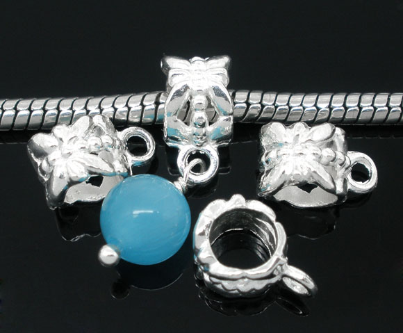 Picture of 50 PCs Silver Plated Flower Pattern Bails Beads. Fit European Bracelet 12x6mm