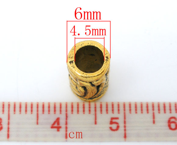 Picture of Zinc Based Alloy European Style Large Hole Charm Beads Cylinder Gold Tone Antique Gold Pattern About 11mm x 6mm, Hole: Aprox 4.5mm, 50 PCs
