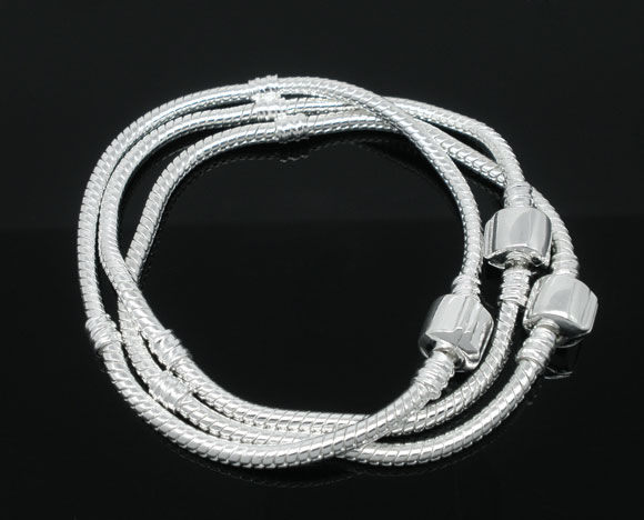Picture of White Copper European Style Snake Chain Charm Bracelets Silver Plated 925 Stamped Sterling Silver Imitation W/ Stopper Clip 16cm(6 2/8") long, 1 Piece