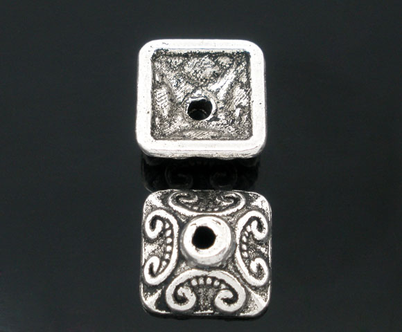Picture of Zinc Based Alloy Beads Caps Square Antique Silver Color Cloud Pattern 10mm x 10mm, 50 PCs