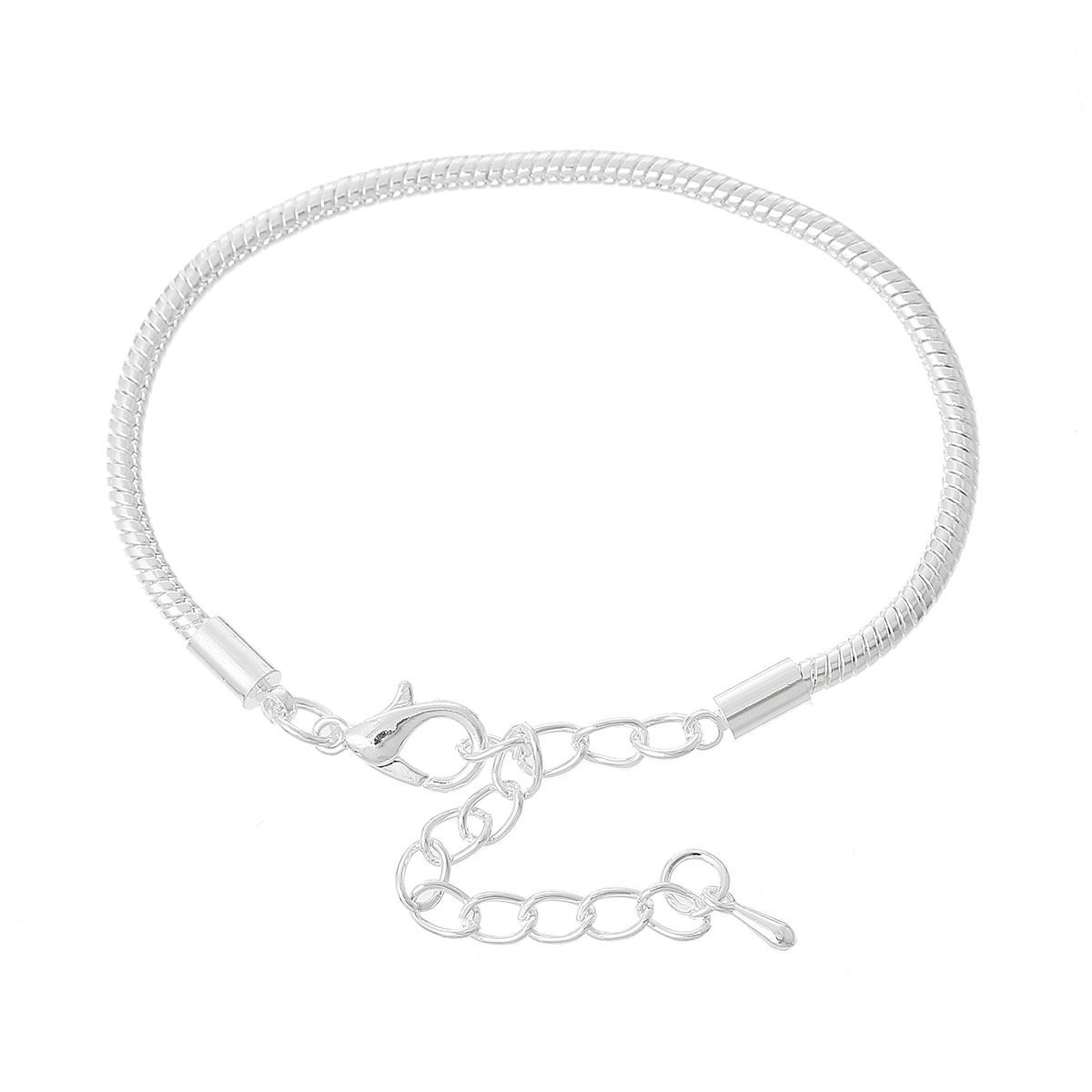 Picture of Copper European Style Snake Chain Charm Bracelets Silver Plated W/ Lobster Claw Clasp And Extender Chain 15cm long, 4 PCs