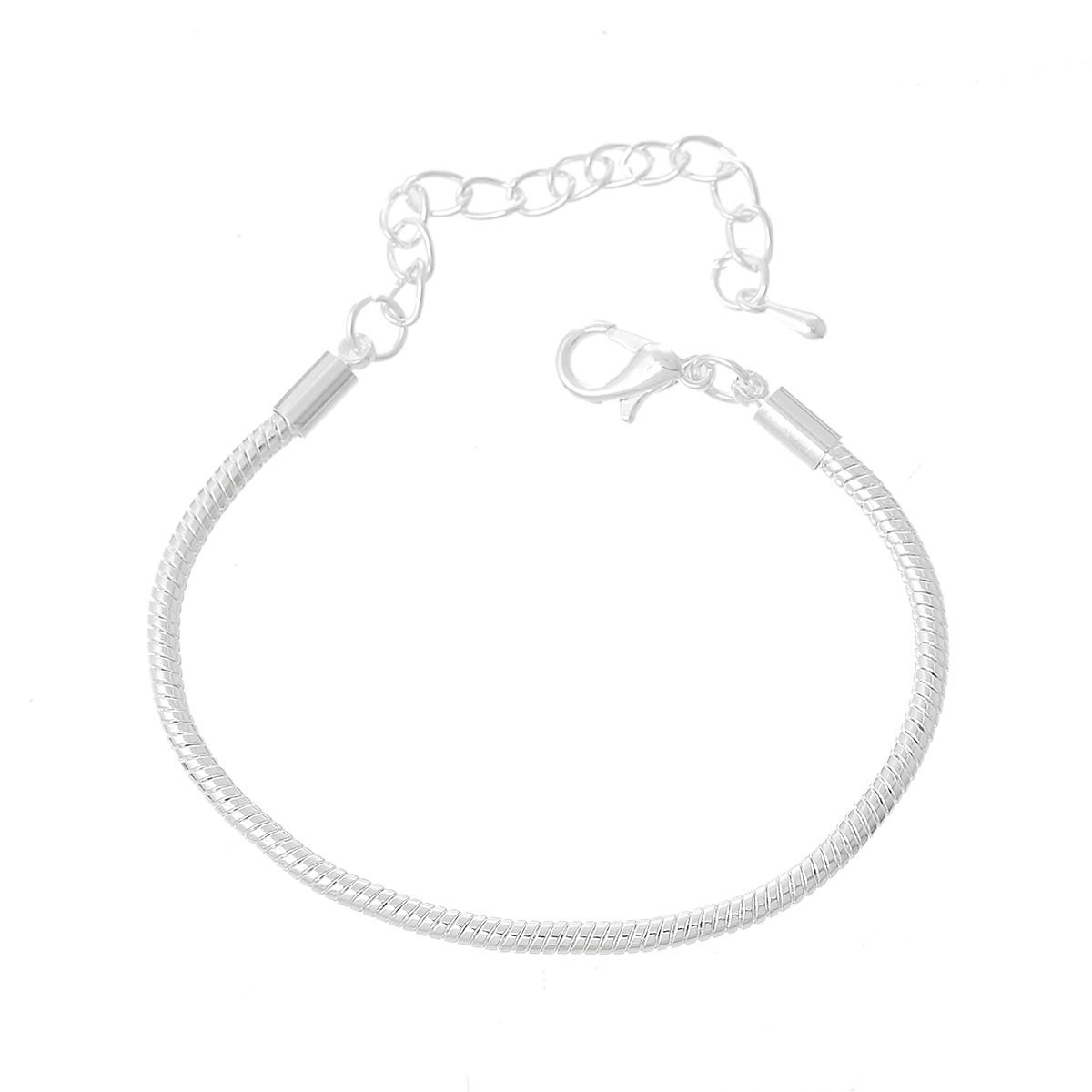 Picture of Copper European Style Snake Chain Charm Bracelets Silver Plated W/ Lobster Claw Clasp And Extender Chain 15cm long, 4 PCs