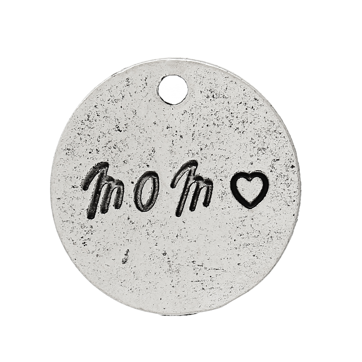 Picture of Zinc Metal Alloy Charm Pendants Round Disc Antique Silver Color Message " Mom " Carved 18mm(6/8") Dia, 50 PCs