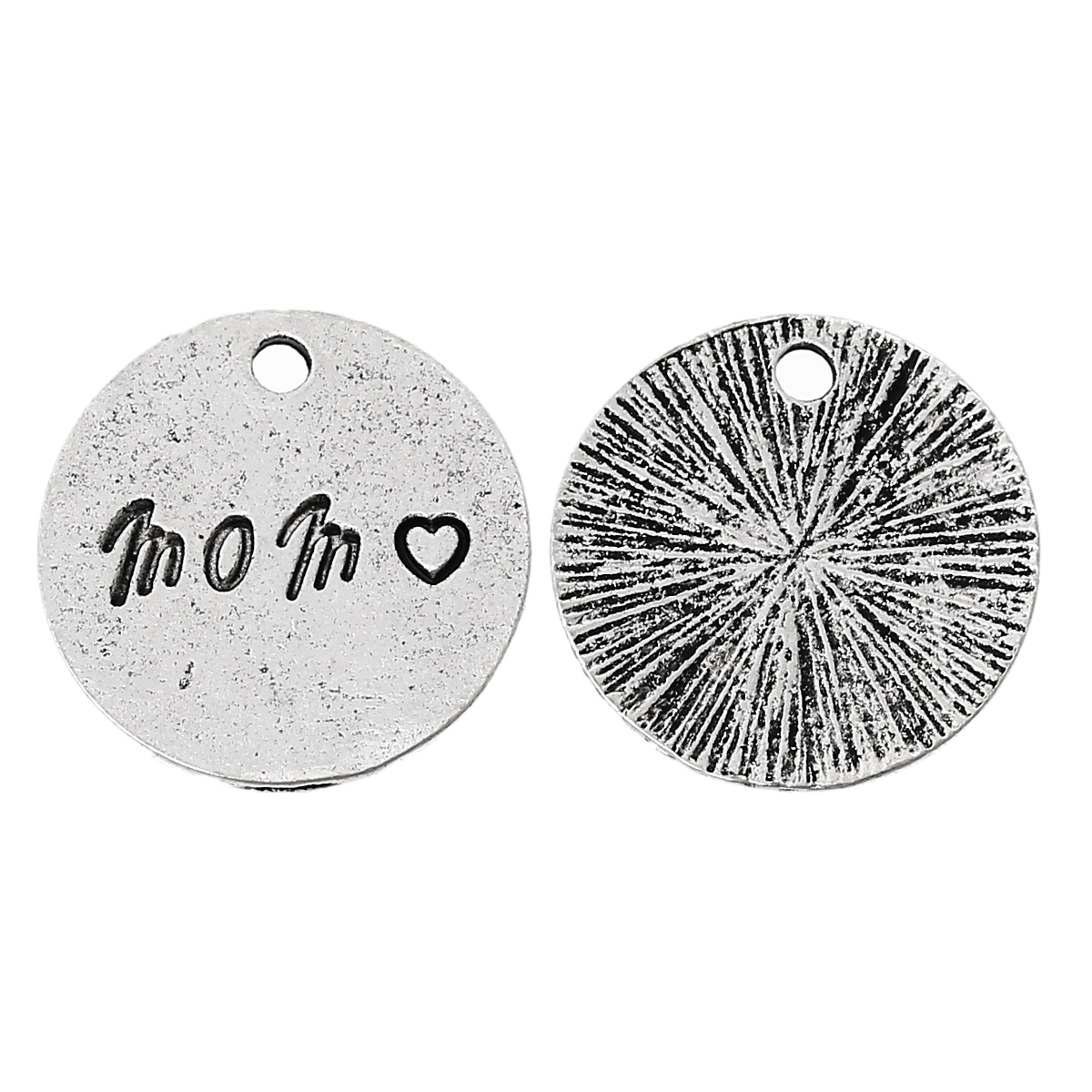 Picture of Zinc Metal Alloy Charm Pendants Round Disc Antique Silver Color Message " Mom " Carved 18mm(6/8") Dia, 50 PCs
