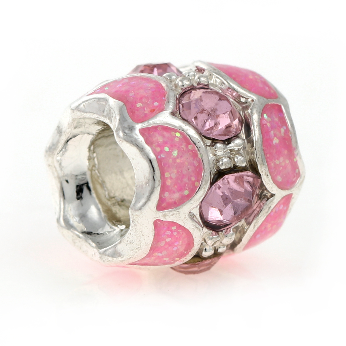 Picture of Zinc Metal Alloy European Style Large Hole Charm Beads Barrel Silver Plated Pink Enamel Pink Rhinestone About 11mm x 10mm, Hole: Approx 4.7mm, 10 PCs