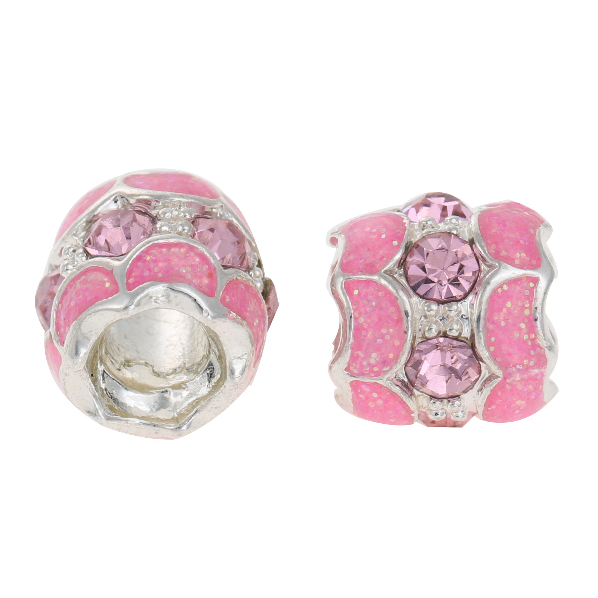 Picture of Zinc Metal Alloy European Style Large Hole Charm Beads Barrel Silver Plated Pink Enamel Pink Rhinestone About 11mm x 10mm, Hole: Approx 4.7mm, 10 PCs