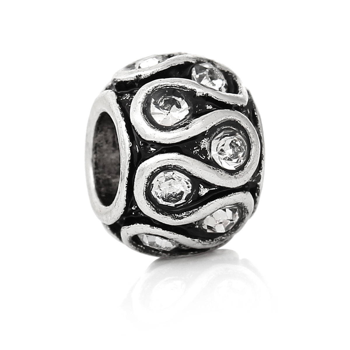 Picture of Zinc Metal Alloy European Style Large Hole Charm Beads Barrel Antique Silver Color Pattern Carved Clear Rhinestone About 11mm x 8mm, Hole: Approx 5.1mm, 10 PCs