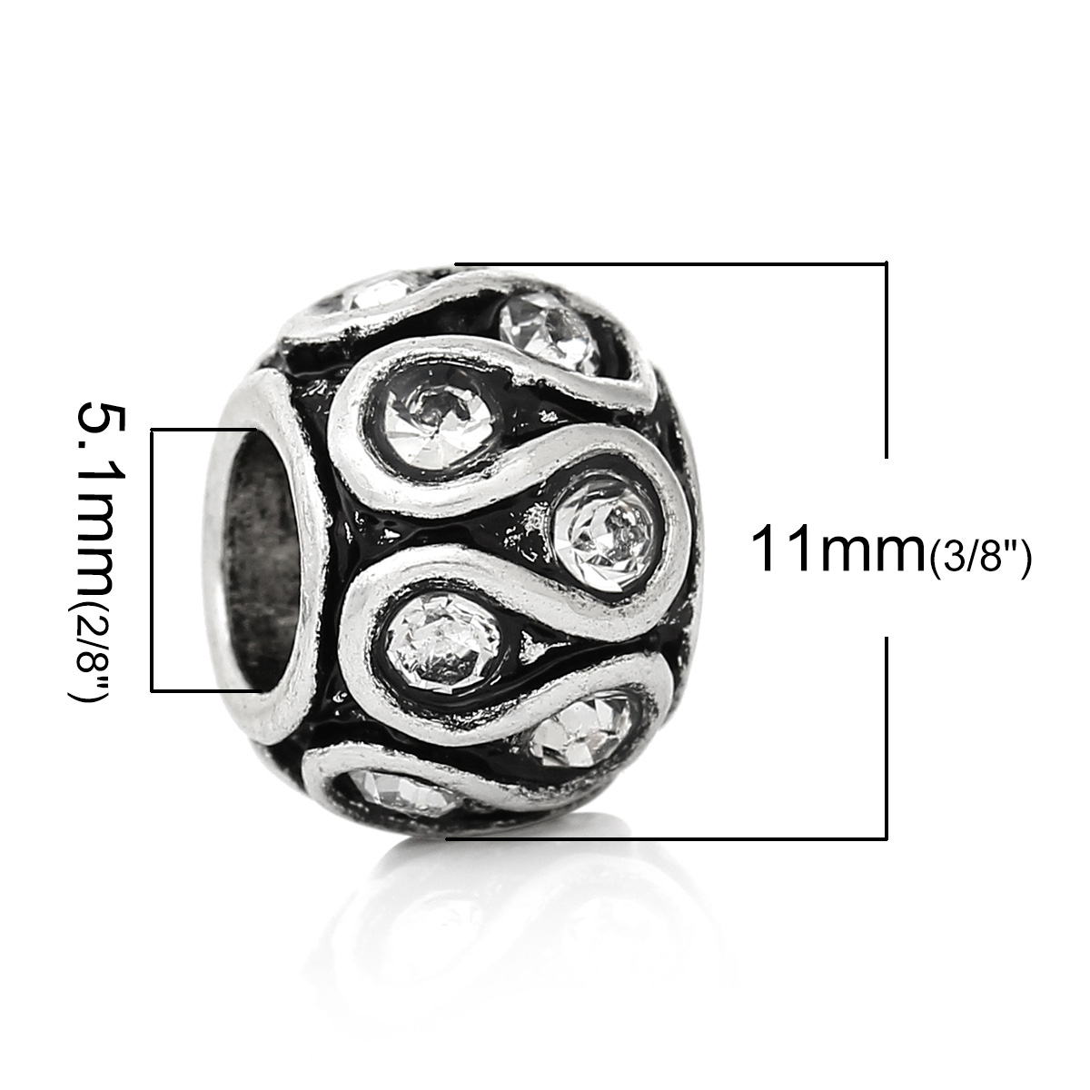 Picture of Zinc Metal Alloy European Style Large Hole Charm Beads Barrel Antique Silver Color Pattern Carved Clear Rhinestone About 11mm x 8mm, Hole: Approx 5.1mm, 10 PCs