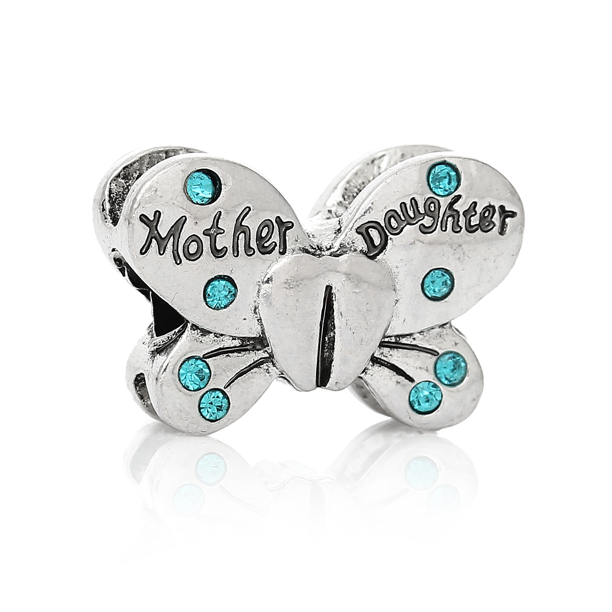 Picture of Zinc Metal Alloy European Style Large Hole Charm Beads Butterfly Antique Silver Color Message " Mother Daughter " Carved Blue Rhinestone About 22mm x 15mm, Hole: Approx 4.8mm, 5 PCs