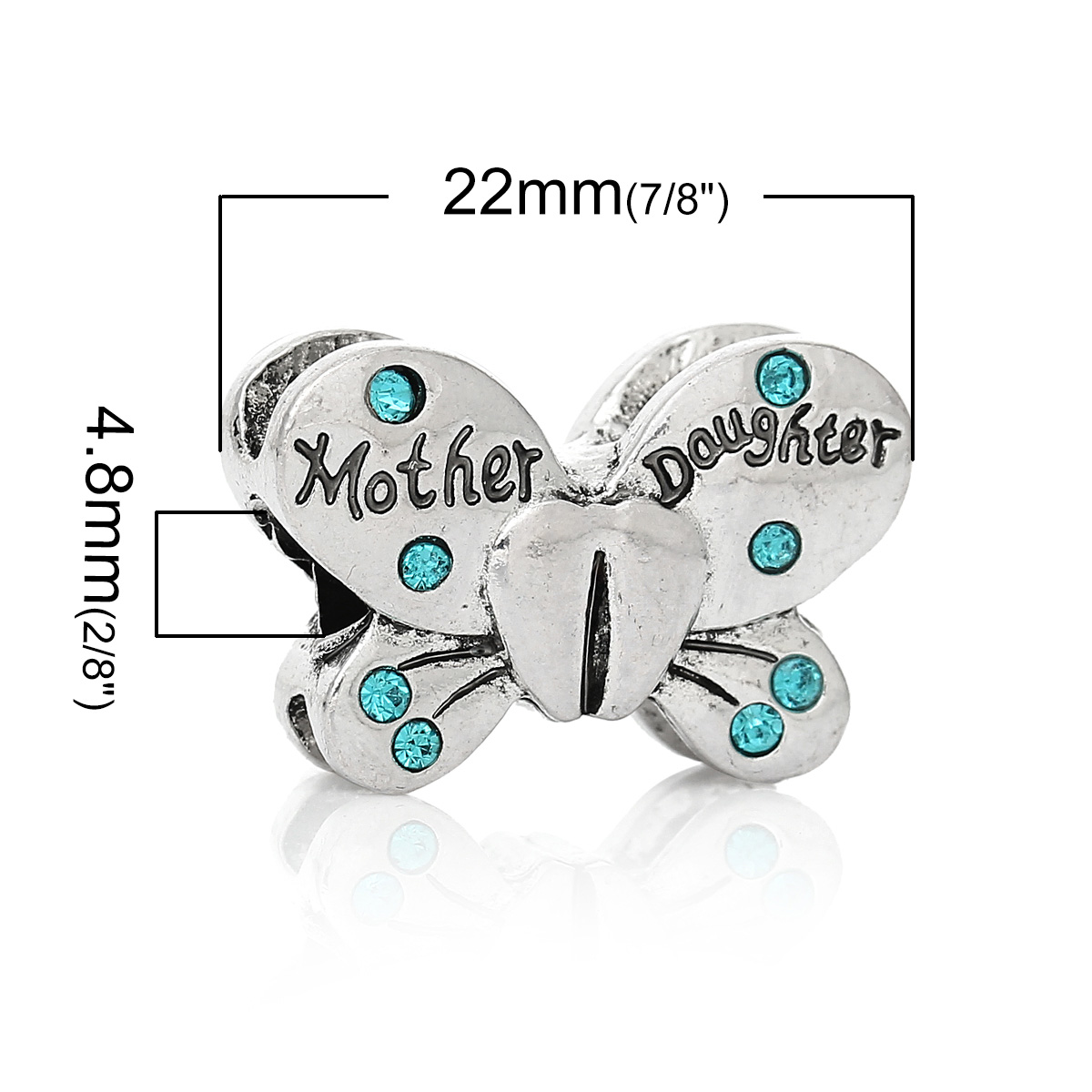 Picture of Zinc Metal Alloy European Style Large Hole Charm Beads Butterfly Antique Silver Color Message " Mother Daughter " Carved Blue Rhinestone About 22mm x 15mm, Hole: Approx 4.8mm, 5 PCs