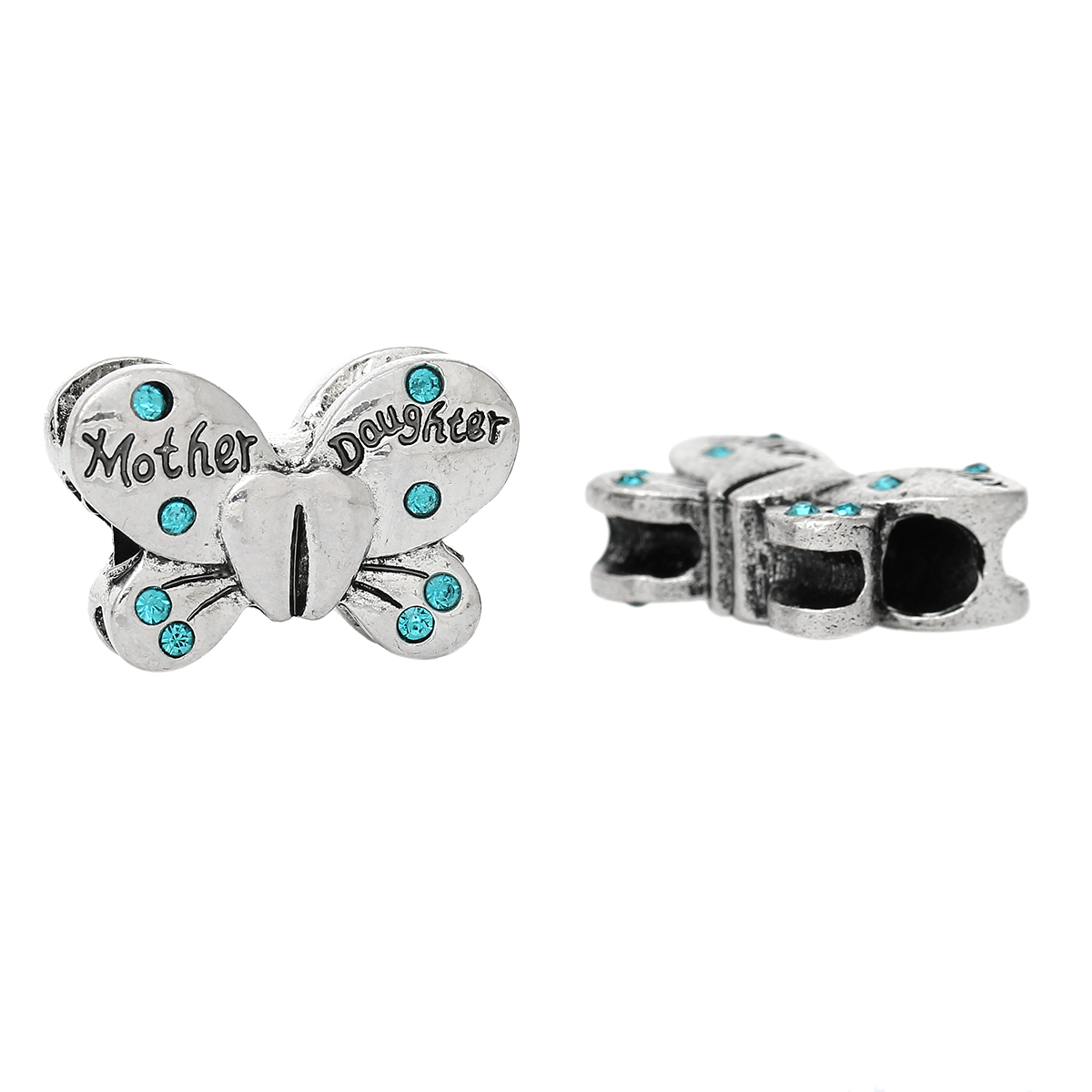 Picture of Zinc Metal Alloy European Style Large Hole Charm Beads Butterfly Antique Silver Color Message " Mother Daughter " Carved Blue Rhinestone About 22mm x 15mm, Hole: Approx 4.8mm, 5 PCs