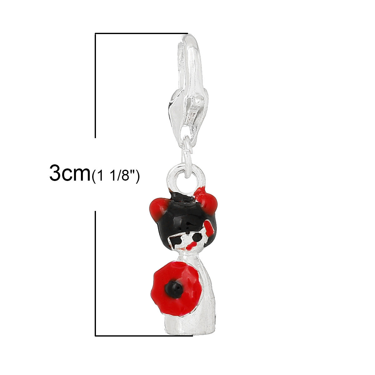 Picture of Zinc Metal Alloy Clip On Charms For Vintage Charm Bracelets Japanese Doll Silver Plated Red & Black Enamel 30mm(1 1/8") x 7mm(2/8"), 5 PCs