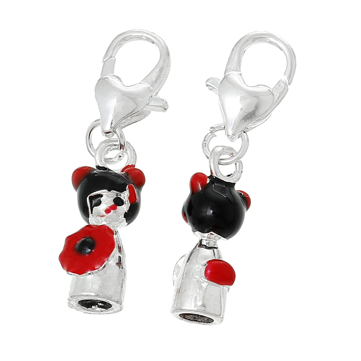 Picture of Zinc Metal Alloy Clip On Charms For Vintage Charm Bracelets Japanese Doll Silver Plated Red & Black Enamel 30mm(1 1/8") x 7mm(2/8"), 5 PCs