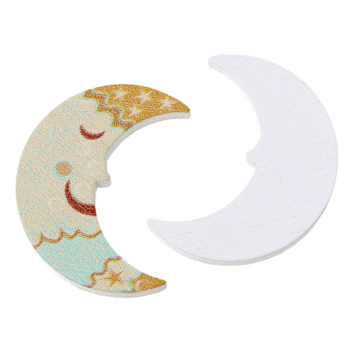 Picture of Natural Wood Embellishments Scrapbooking Half Moon Multicolor Smile Pattern 35mm(1 3/8") x 27mm(1 1/8"), 100 PCs
