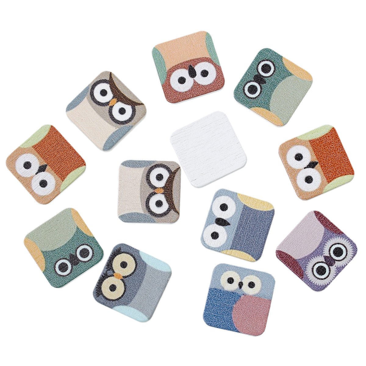 Picture of 9 PCs Natural Wood Embellishments Scrapbooking Square At Random Mixed Color Owl Pattern 20mm x 20mm