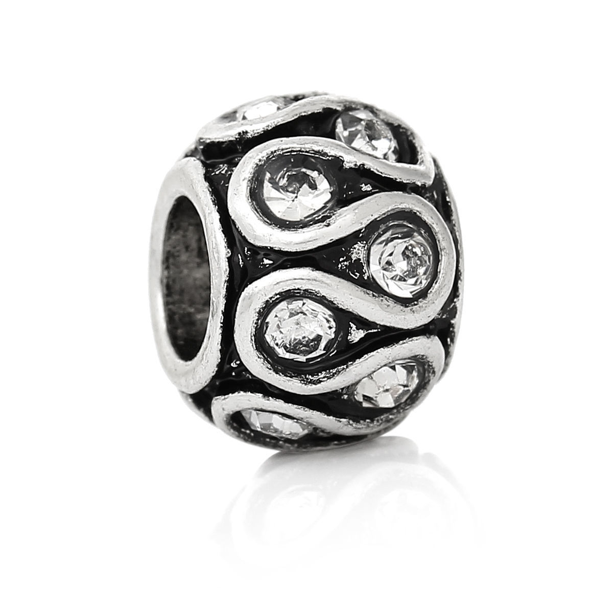 Picture of Zinc Metal Alloy European Style Large Hole Charm Beads Barrel Antique Silver Color Pattern Carved Clear Rhinestone About 11mm x 8mm, Hole: Approx 5.1mm, 10 PCs