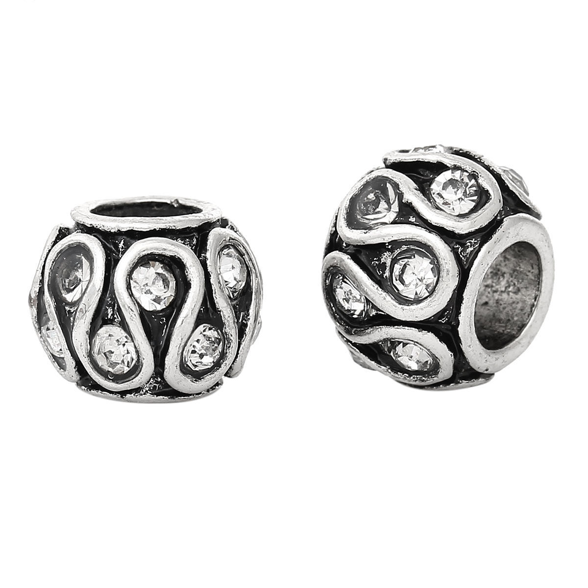Picture of Zinc Metal Alloy European Style Large Hole Charm Beads Barrel Antique Silver Color Pattern Carved Clear Rhinestone About 11mm x 8mm, Hole: Approx 5.1mm, 10 PCs