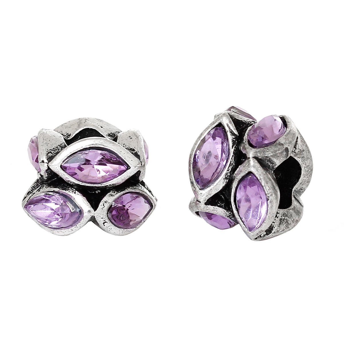 Picture of Zinc Metal Alloy European Style Large Hole Charm Beads Oval Antique Silver Color Purple Rhinestone About 12mm x 12mm, Hole: Approx 5mm, 10 PCs