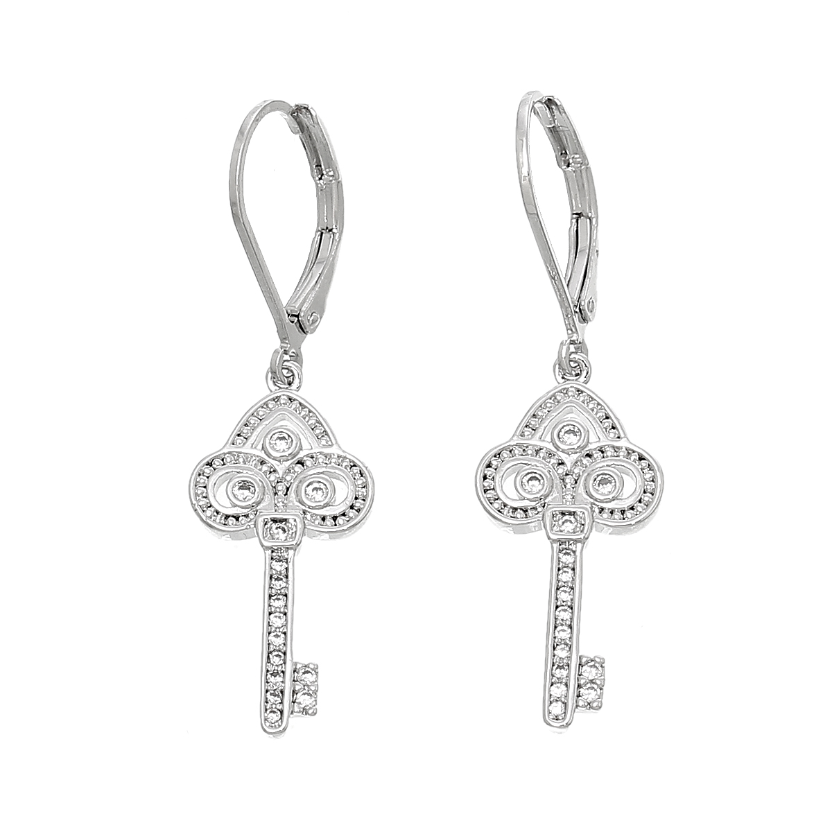 Picture of Copper Earring Post Stud Key Platinum Plated Micro Pave Exquisite Clear Cubic Zirconia W/Stoppers 4cm x1.1cm(1 5/8" x 3/8"),1 Pair