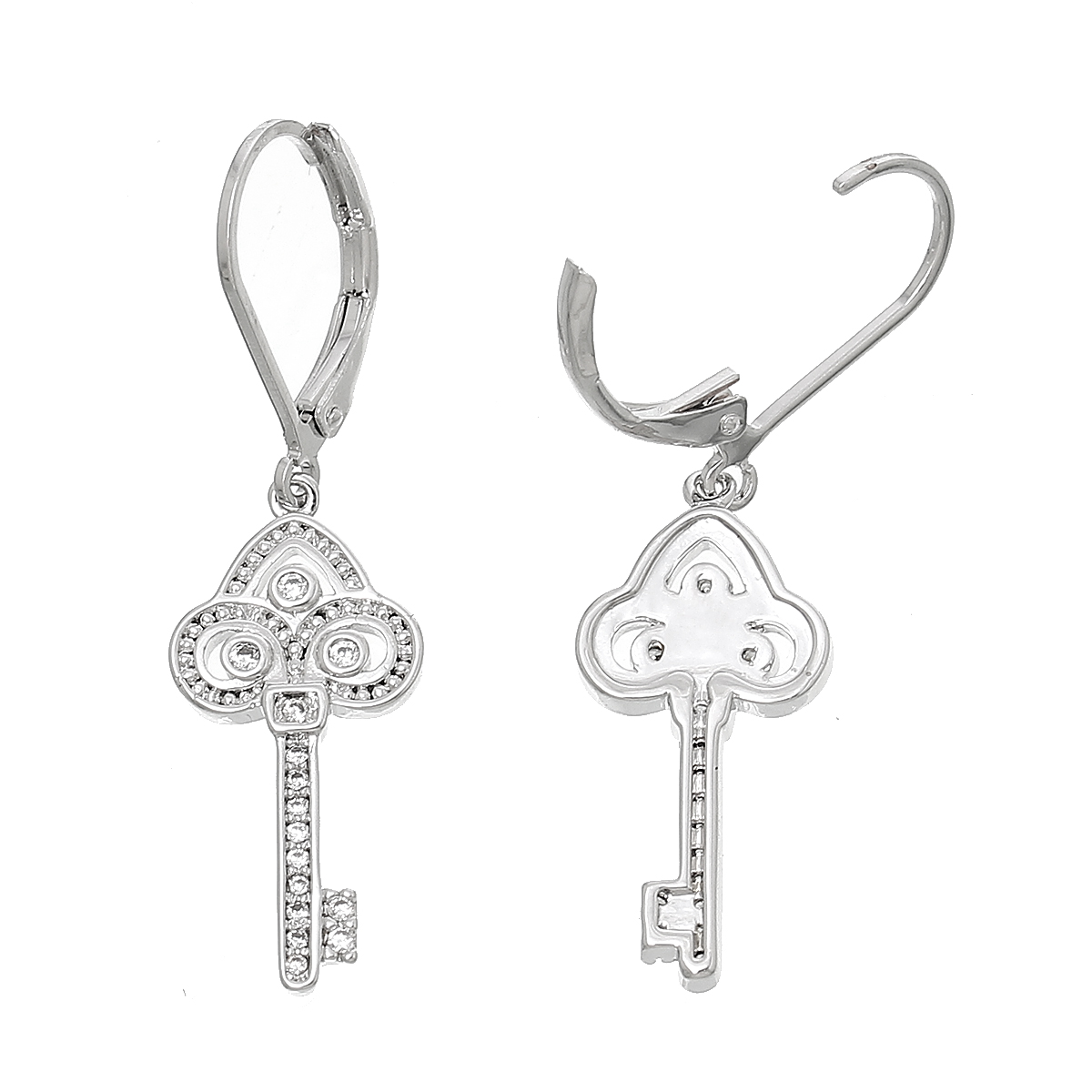 Picture of Copper Earring Post Stud Key Platinum Plated Micro Pave Exquisite Clear Cubic Zirconia W/Stoppers 4cm x1.1cm(1 5/8" x 3/8"),1 Pair