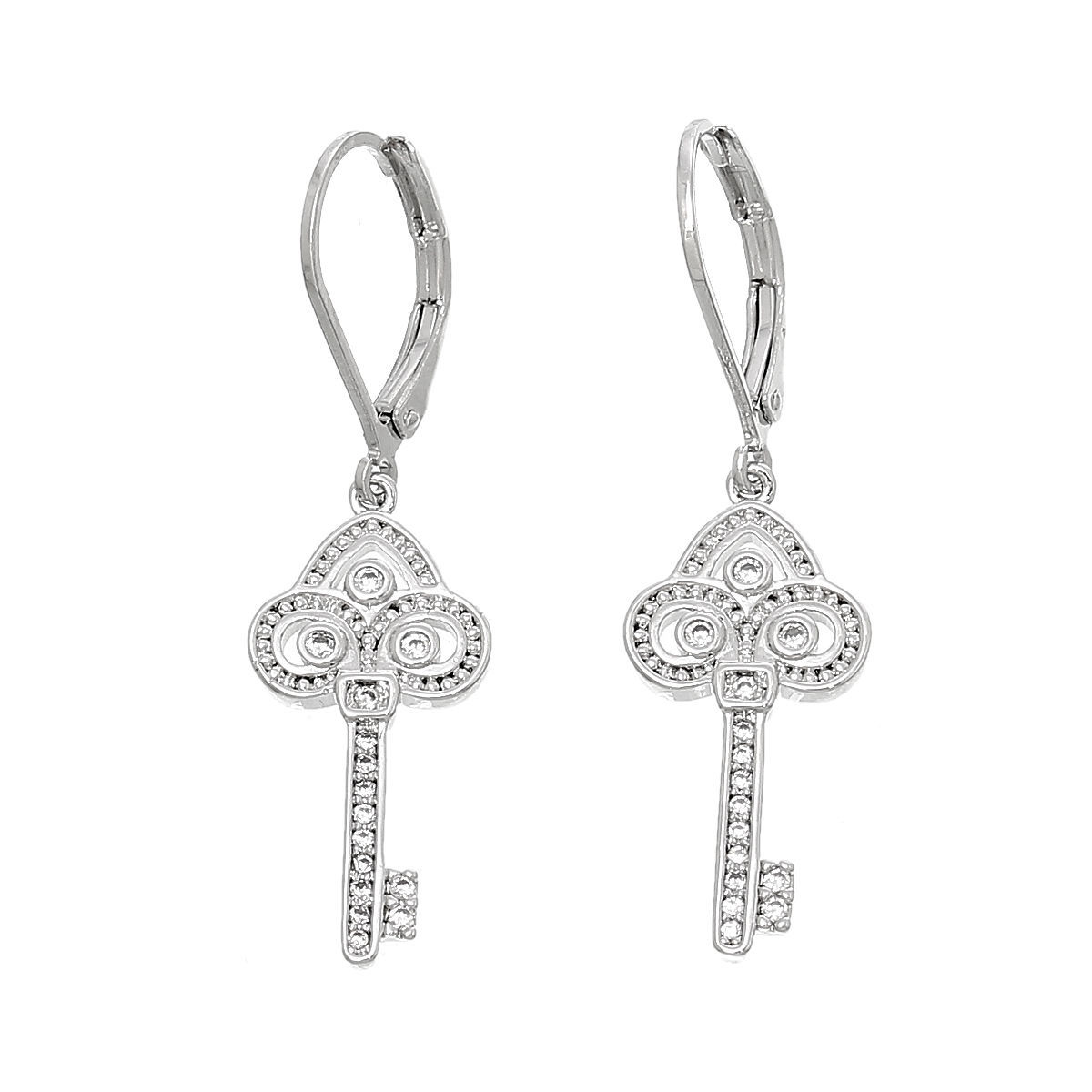 Picture of Copper Earring Post Stud Key Platinum Plated Micro Pave Exquisite Clear Cubic Zirconia W/Stoppers 4cm x1.1cm(1 5/8" x 3/8"),1 Pair