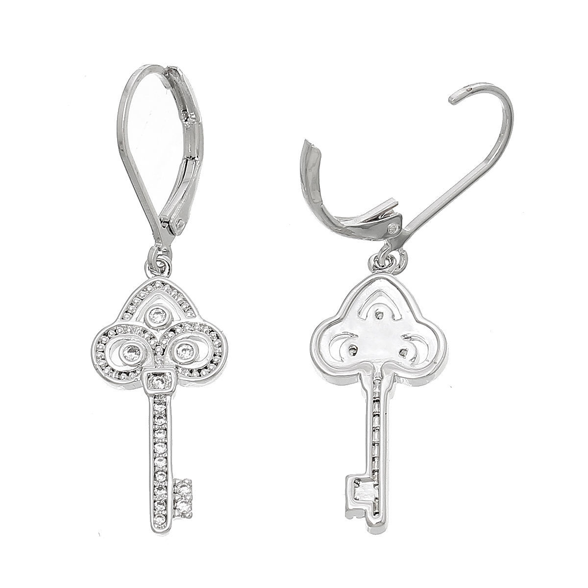 Picture of Copper Earring Post Stud Key Platinum Plated Micro Pave Exquisite Clear Cubic Zirconia W/Stoppers 4cm x1.1cm(1 5/8" x 3/8"),1 Pair