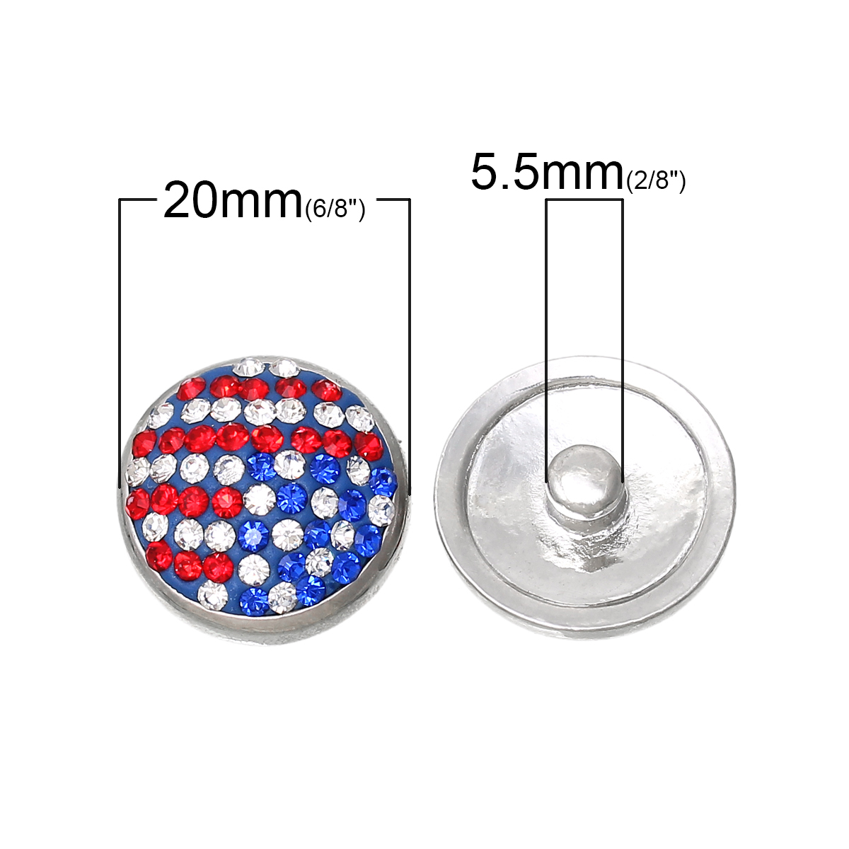 Picture of 20mm Clay Snap Buttons Round Silver Tone Flag of the United States Pattern Multicolor Rhinestone Fit Snap Button Bracelets, Knob Size: 5.5mm( 2/8"), 2 PCs