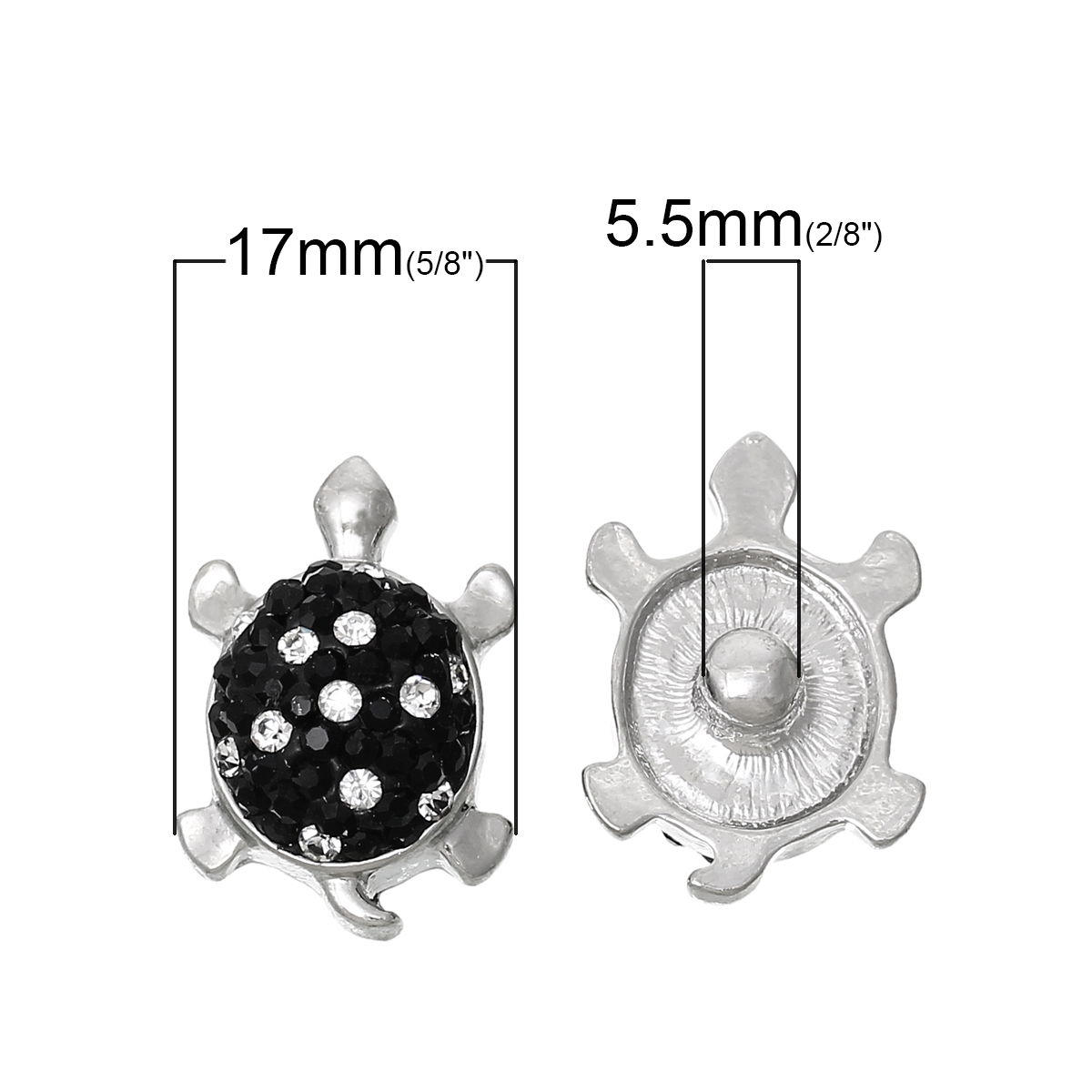 Picture of Ocean Jewelry Clay Snap Buttons Tortoise Silver Tone Black & Clear Rhinestone Fit Snap Button Bracelets 25mm(1") x 17mm( 5/8"), Knob Size: 5.5mm( 2/8"), 2 PCs