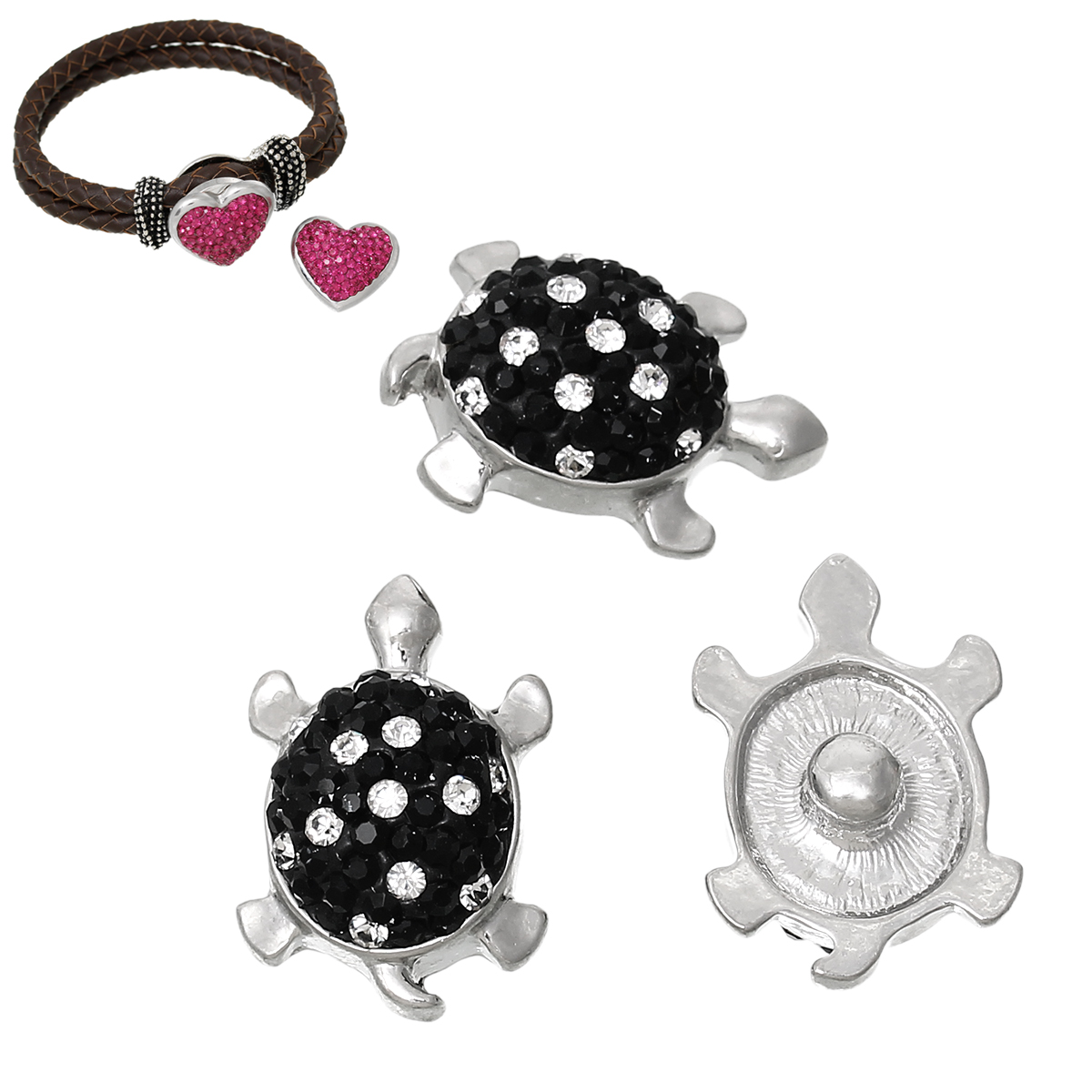 Picture of Ocean Jewelry Clay Snap Buttons Tortoise Silver Tone Black & Clear Rhinestone Fit Snap Button Bracelets 25mm(1") x 17mm( 5/8"), Knob Size: 5.5mm( 2/8"), 2 PCs