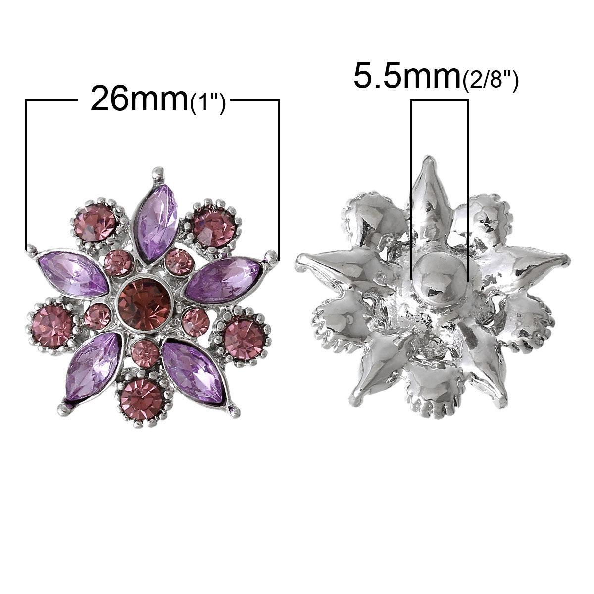 Picture of Zinc Metal Alloy Snap Buttons Flower Silver Tone Faceted Purple Rhinestone Fit Snap Button Bracelets 26mm(1") x 26mm(1"), Knob Size: 5.5mm( 2/8"), 2 PCs