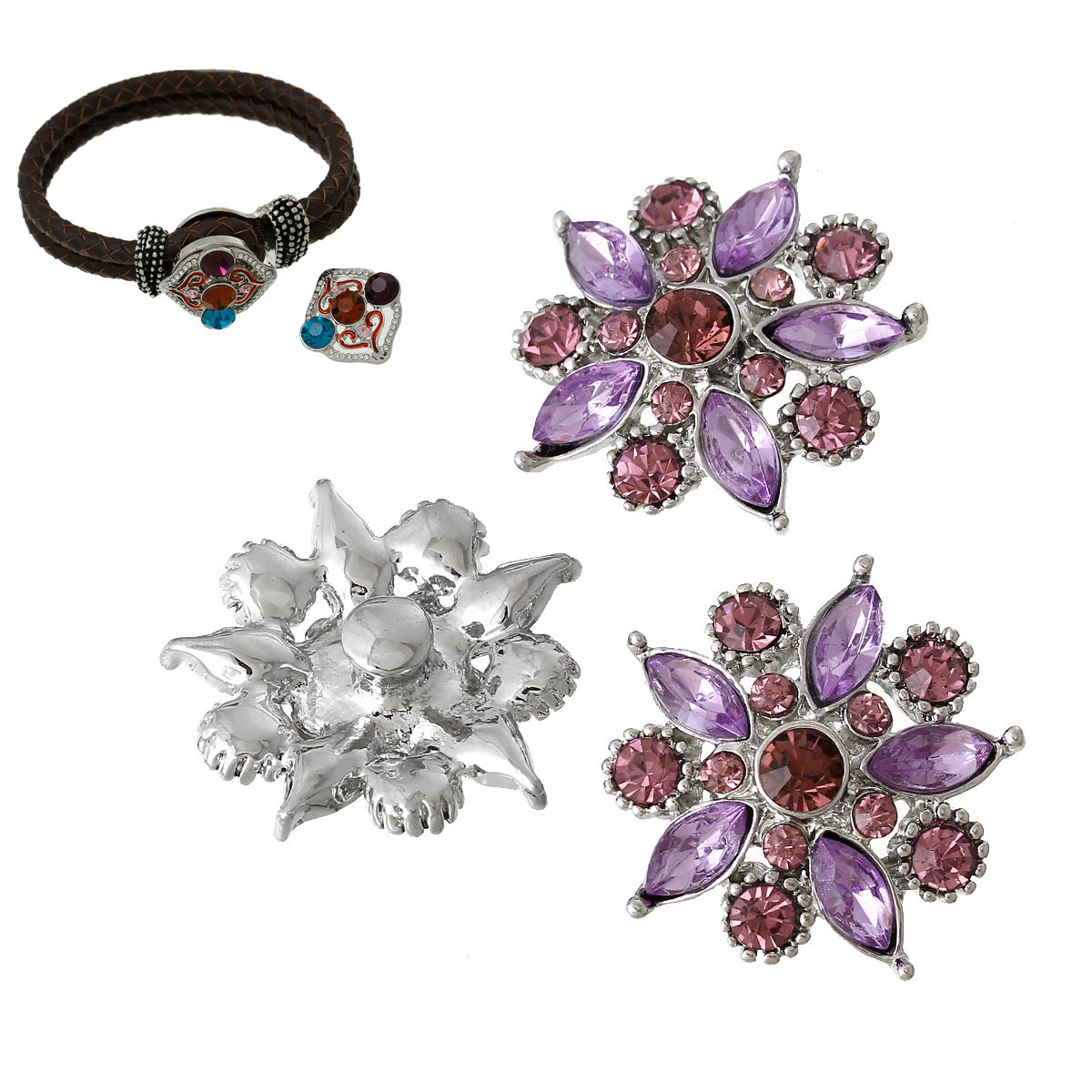 Picture of Zinc Metal Alloy Snap Buttons Flower Silver Tone Faceted Purple Rhinestone Fit Snap Button Bracelets 26mm(1") x 26mm(1"), Knob Size: 5.5mm( 2/8"), 2 PCs