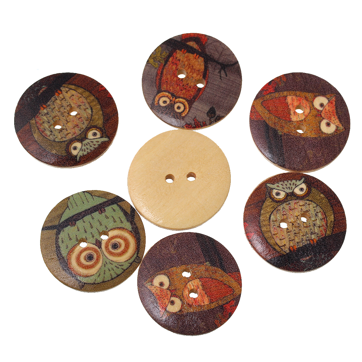 Picture of Natural Wood Sewing Buttons Scrapbooking Round At Random Mixed 2 Holes Halloween Owl Pattern 3cm(1 1/8") Dia, 50 PCs