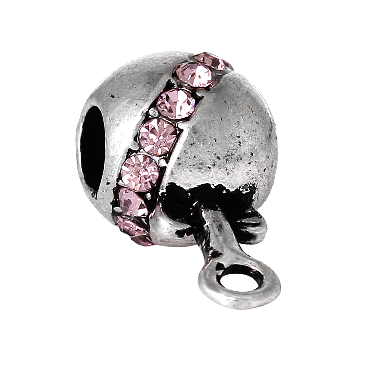 Picture of 1 Piece Zinc Based Alloy European Style Bail Beads With Loop For DIY Jewelry Making Findings Barrel Bowknot Antique Silver Color Pink Rhinestone 21mm x 11mm