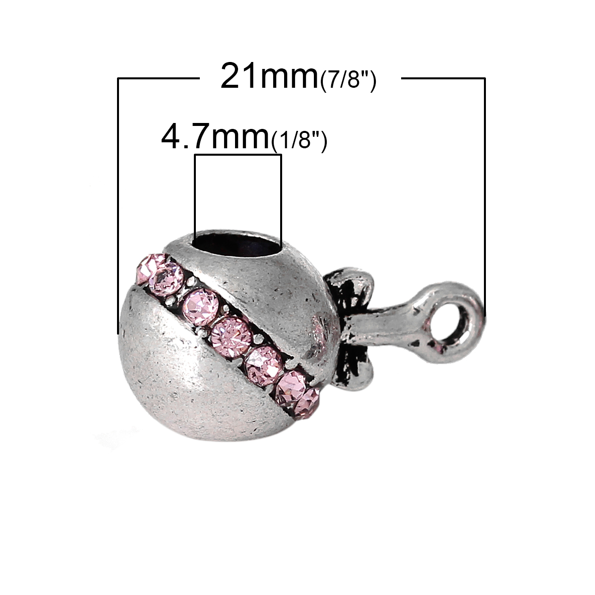 Picture of 1 Piece Zinc Based Alloy European Style Bail Beads With Loop For DIY Jewelry Making Findings Barrel Bowknot Antique Silver Color Pink Rhinestone 21mm x 11mm