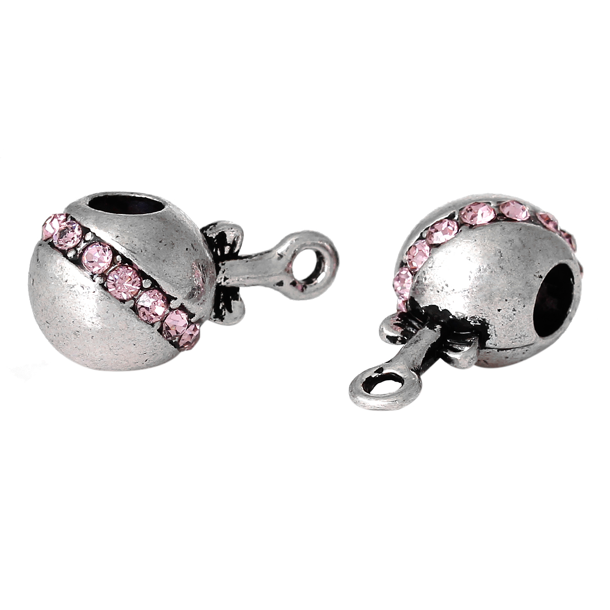 Picture of 1 Piece Zinc Based Alloy European Style Bail Beads With Loop For DIY Jewelry Making Findings Barrel Bowknot Antique Silver Color Pink Rhinestone 21mm x 11mm