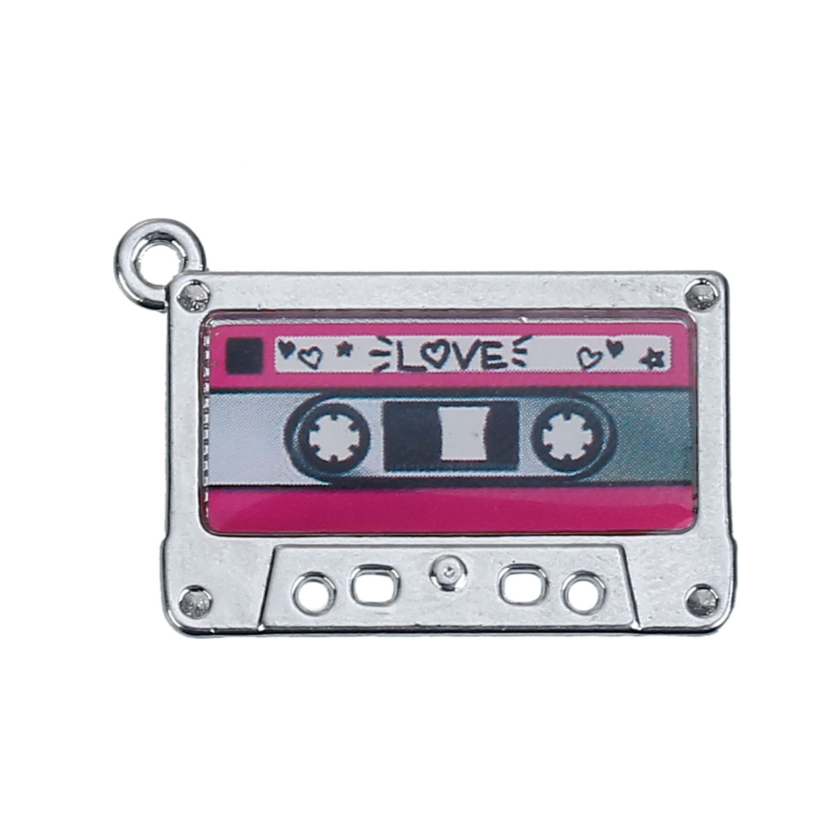 Picture of Zinc Metal Alloy Charm Pendants Cassette Tape Silver Tone (Can Hold ss6 Rhinestone) Message " LOVE " Carved 29mm(1 1/8") x 19mm( 6/8"), 20 PCs