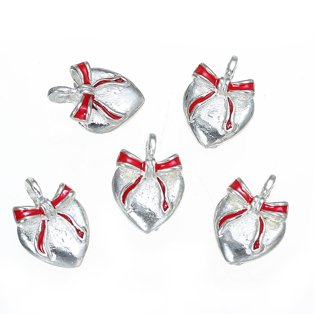Picture of Zinc Metal Alloy Charm Pendants Heart Silver Plated Bowknot Carved Red Enamel 15mm x 11mm( 5/8" x 3/8"), 5 PCs