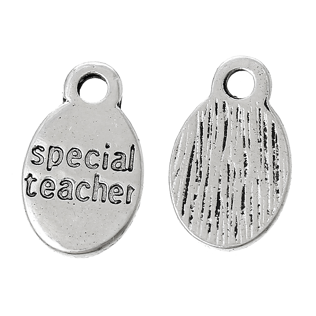 Picture of Zinc Metal Alloy Charm Pendants Oval Antique Silver Color Message " Special Teacher " Carved 15mm x 9mm( 5/8" x 3/8"), 100 PCs