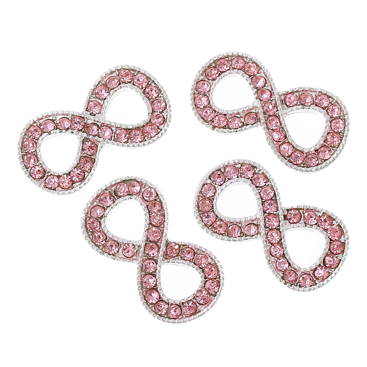 Picture of Zinc Based Alloy Connectors Infinity Symbol Silver Plated Pink Rhinestone 24mm x 13mm, 5 PCs