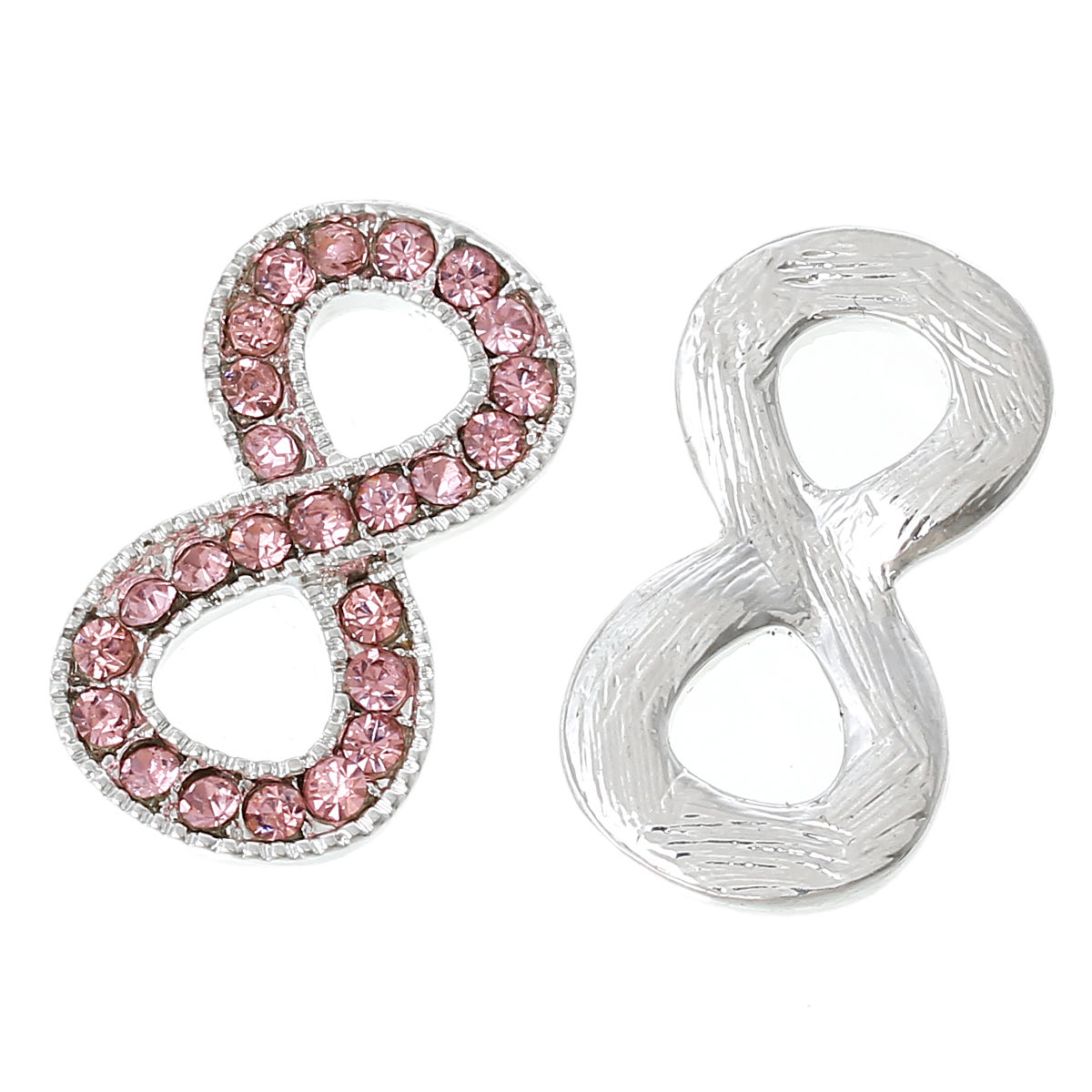 Picture of Zinc Based Alloy Connectors Infinity Symbol Silver Plated Pink Rhinestone 24mm x 13mm, 5 PCs