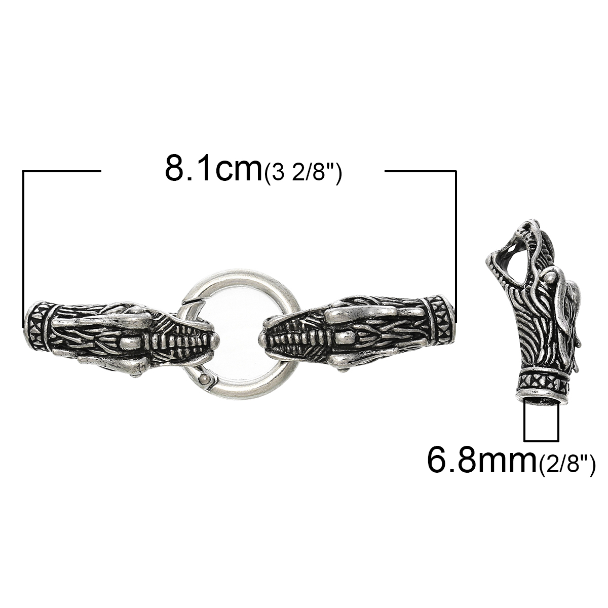 Picture of Zinc Based Alloy Hook Clasps Dragon Antique Silver Color (Fits 7mm Cord) 8.1cm x 2.5cm, 2 Sets