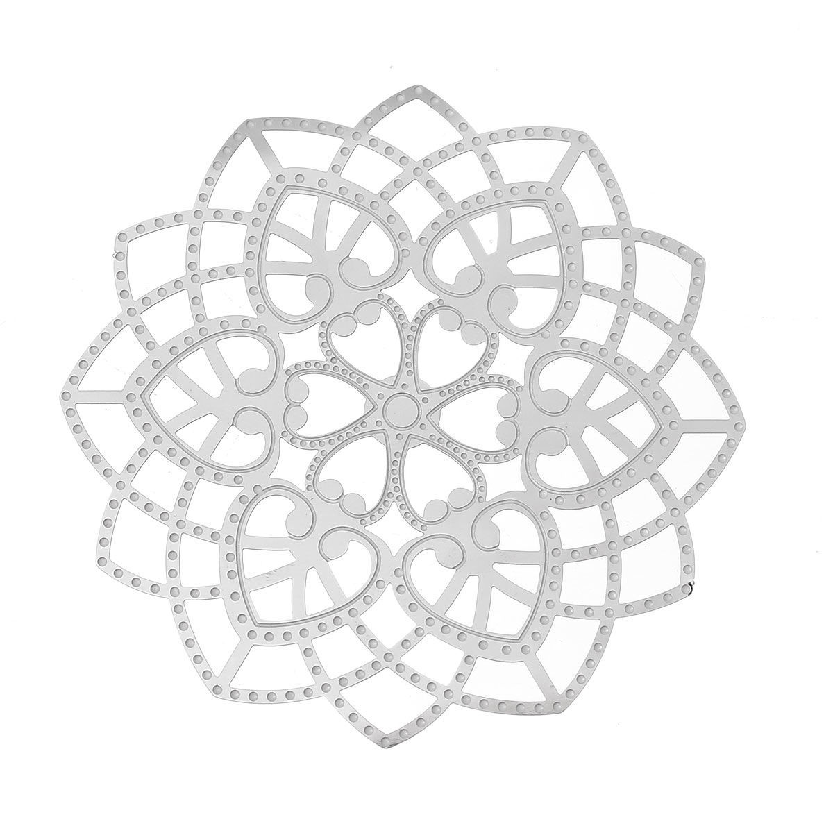 Picture of 304 Stainless Steel Filigree Stamping Embellishments Findings, Flower Silver Tone, Heart Hollow Carved 6.2cm(2 4/8") x 6.2cm(2 4/8"), 10 PCs