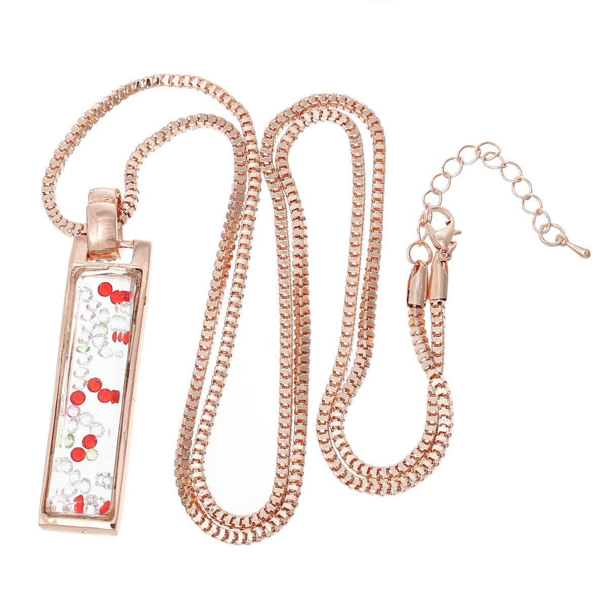 Picture of Floating Living Memory Glass Locket Necklace Box Chain Rose Gold Rectangle Pendant With Multicolor Rhinestone 77.5cm(30 4/8") long, 1 Piece