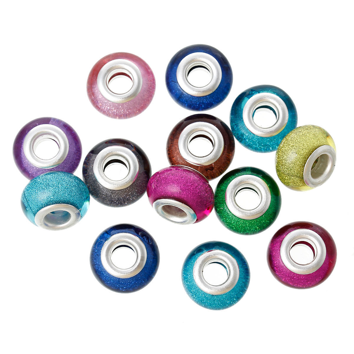 Picture of Resin European Style Large Hole Charm Beads Round At Random Mixed Silver Tone Core Glitter About 14mm x 9mm, Hole: Approx 5.1mm, 20 PCs
