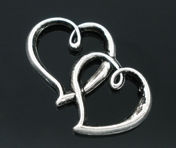 Picture of Zinc Based Alloy Pendants Heart Antique Silver Color 3.2cm x2.5cm(1 2/8" x1"), 20 PCs