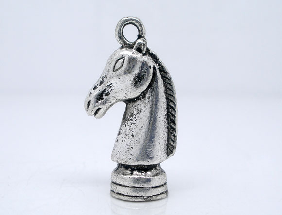 Picture of Zinc Metal Alloy 3D Charm Pendants Chess Knight Antique Silver Color 27mm(1 1/8") x 8mm( 3/8"), 10 PCs