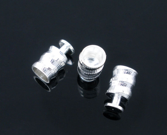 Picture of Copper Snake Chain End Tips Caps Findings Fit European Style Necklace Silver Plated Threaded Carved 7.2mm( 2/8") x 4.2mm( 1/8"), 100 PCs